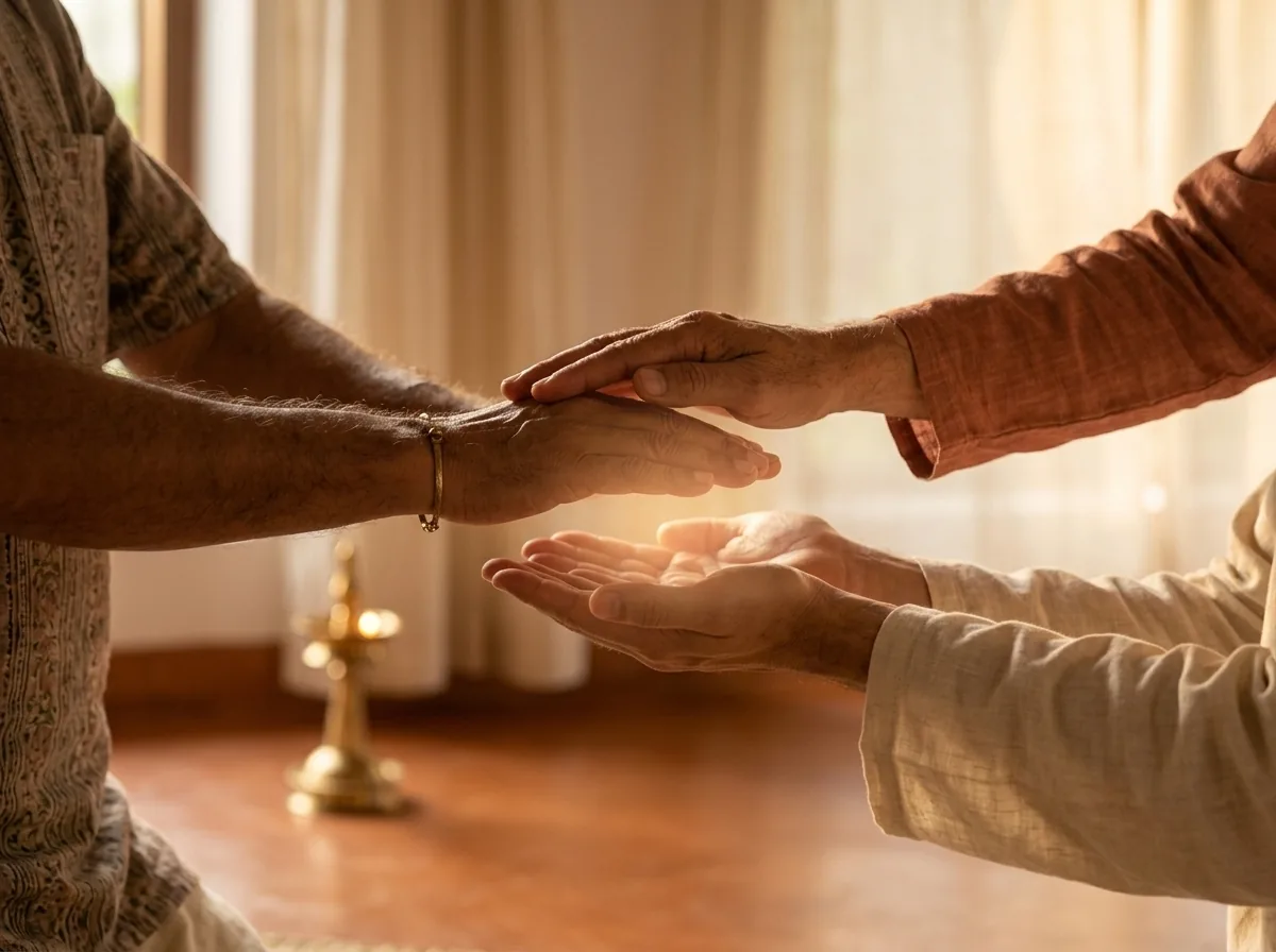 A healer's hands hovering gently over a person's open palms in warm golden light