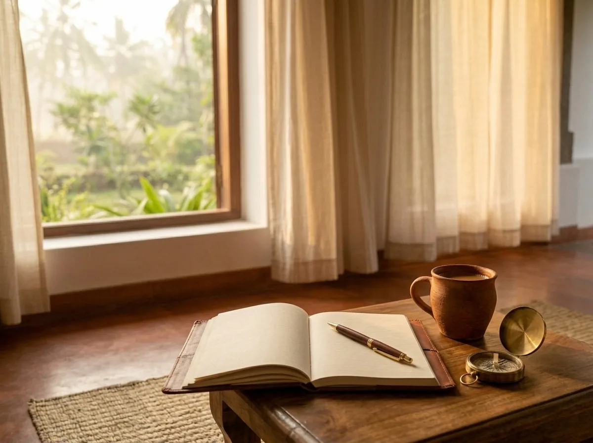 An open journal with a pen, tea and a brass compass on a wooden table in soft dawn light